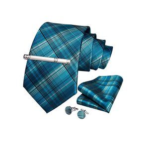 Men's Silk Tie + Pocket Square + Cufflinks + Tie Clip 4 Piece Set